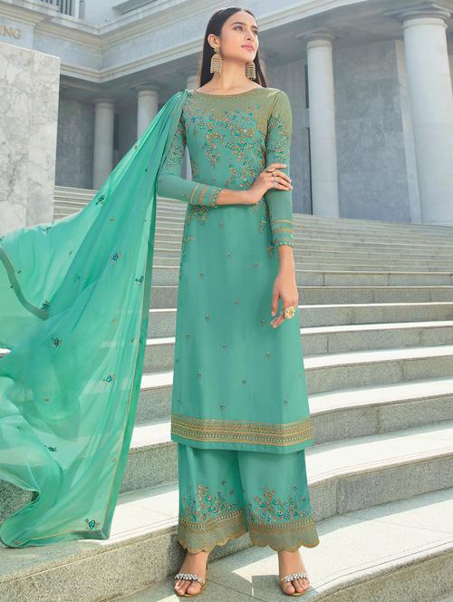 embroidered straight pant unstitched suit - 17273328 - Very Small Image - 1