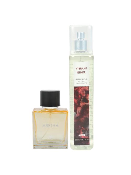 ajmal aretha edp for women 100ml & vibrant ether edt forunisex 250ml pack of 2 (total 350ml) + 4 parfum testers - 17278277 - Very Small Image - 1
