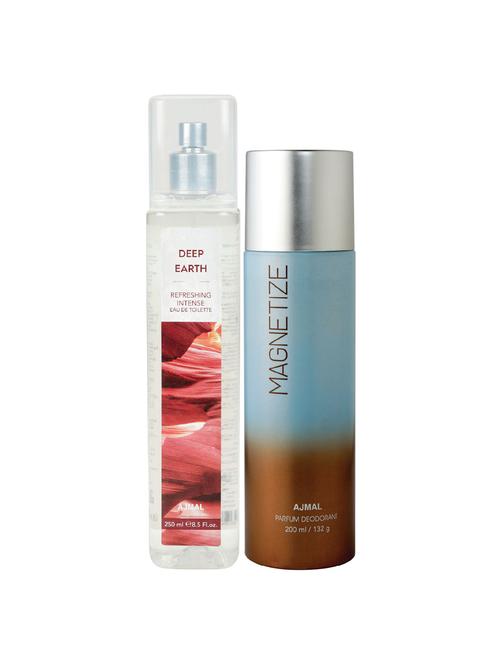 ajmal deep earth edt of 250ml & magnetize deodorant 200ml pack of 2 (total 450ml) forunisex + 4 parfum testers - 17278312 - Very Small Image - 1