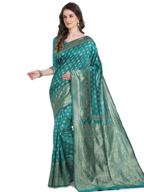 turquoise silk blend banarasi saree with blouse - 17282793 - Very Small Image - 1