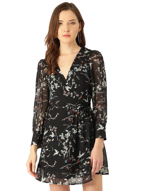 overlap neck floral fit & flare dress - 17284340 - Very Small Image - 1