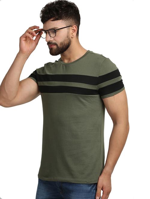 olive green color block cut & sew t-shirt - 17284571 - Very Small Image - 1