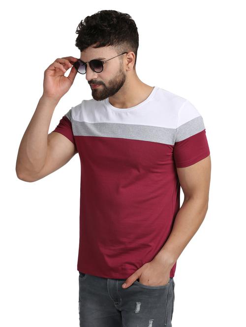 maroon color block cut & sew t-shirt - 17284574 - Very Small Image - 1