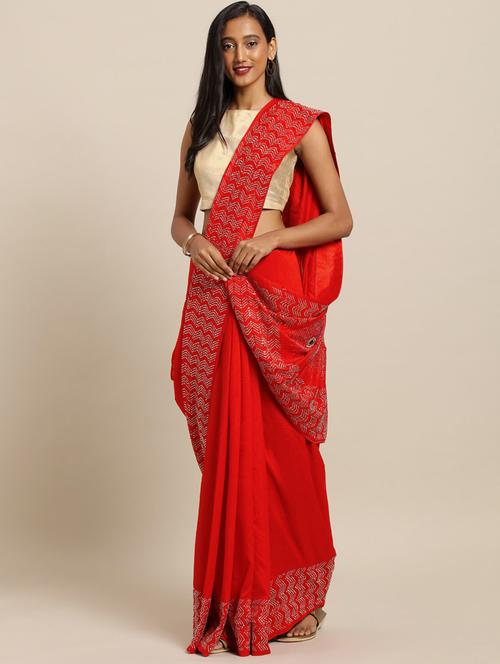 embellished solid saree with blouse - 17289898 - Very Small Image - 1
