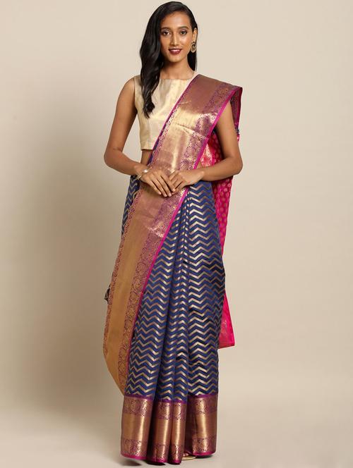 navy silk blend kanjivaram saree with blouse - 17290012 - Very Small Image - 1
