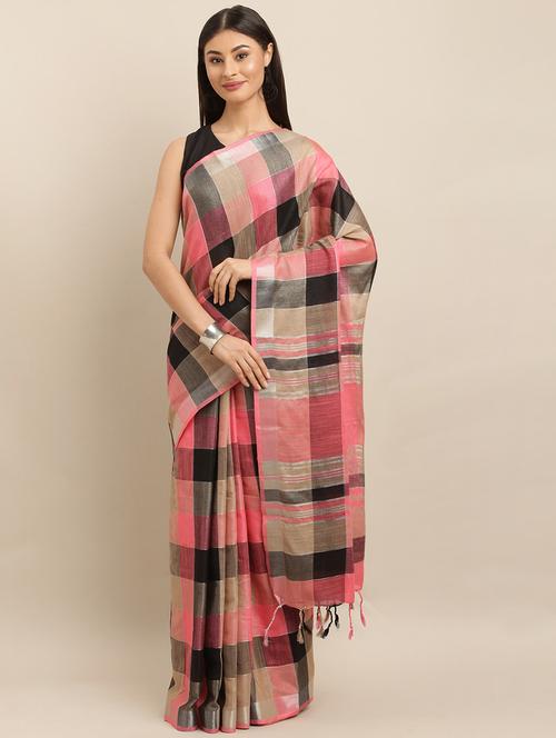 checks printed saree with blouse - 17290050 - Very Small Image - 1
