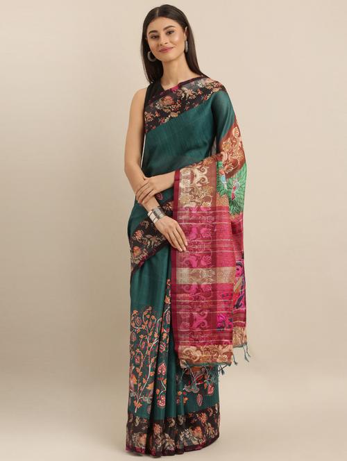 teal printed saree with blouse - 17290077 - Very Small Image - 1