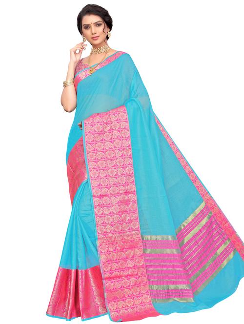 turquoise cotton blend bordered saree with blouse - 17292851 - Very Small Image - 1