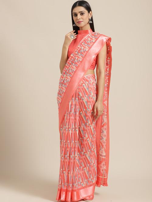 peach cotton blend printed saree with blouse - 17293934 - Very Small Image - 1