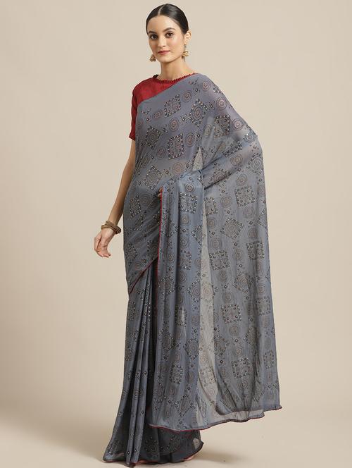 grey printed saree with blouse - 17293969 - Very Small Image - 1