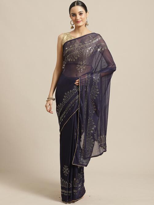solid embellished saree with blouse - 17294009 - Very Small Image - 1