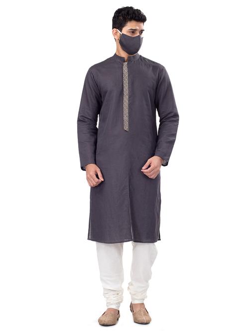 grey solid linen long kurta with embroidered neckline - 17294693 - Very Small Image - 1
