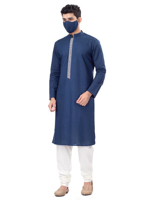 navy blue solid linen long kurta with mask - 17294697 - Very Small Image - 1