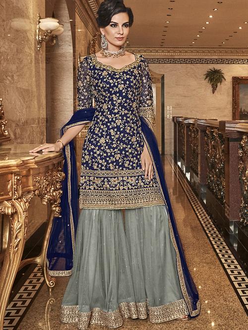 embroidered sharara semi-stitched suit - 17296080 - Very Small Image - 1