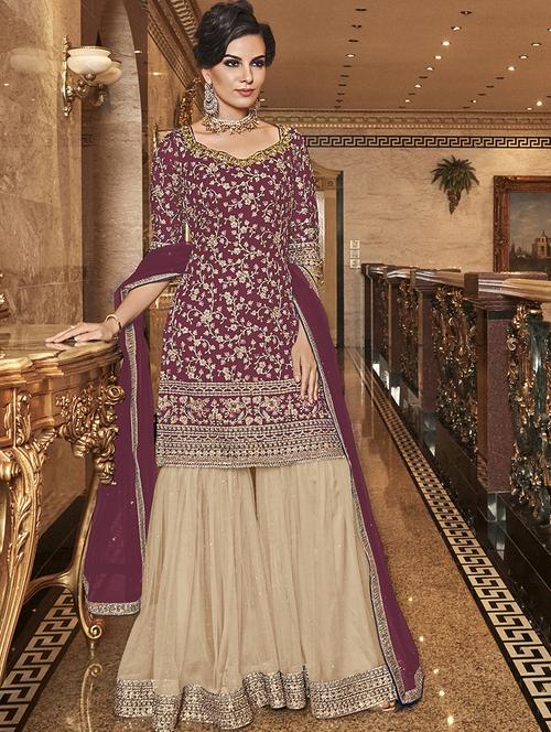 embroidered sharara semi-stitched suit - 17296081 - Very Small Image - 1