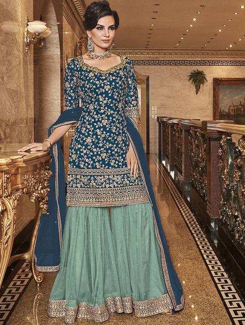 embroidered sharara semi-stitched suit - 17296082 - Very Small Image - 1
