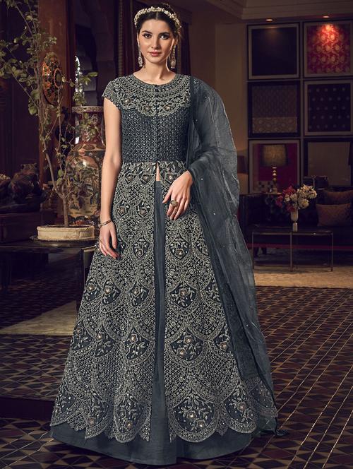 embroidered anarkali semi-stitched suit - 17296122 - Very Small Image - 1