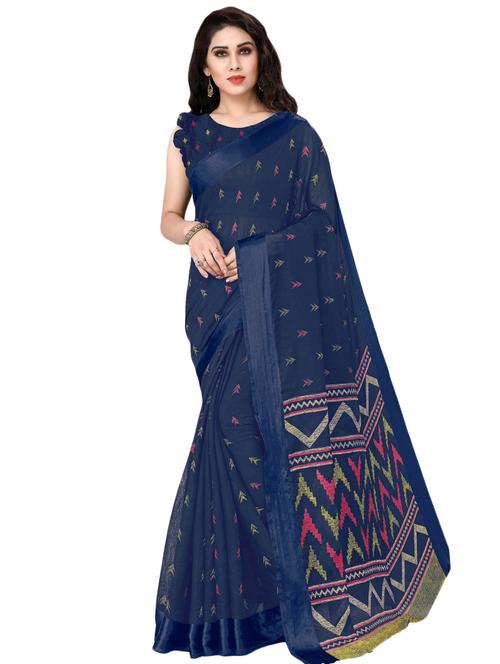 navy cotton printed saree with blouse - 17297611 - Very Small Image - 1