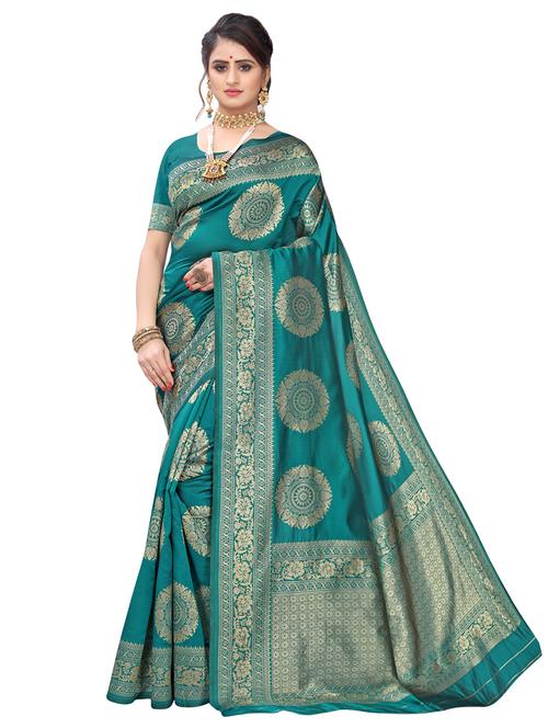 teal banarasi saree - 17299194 - Very Small Image - 1