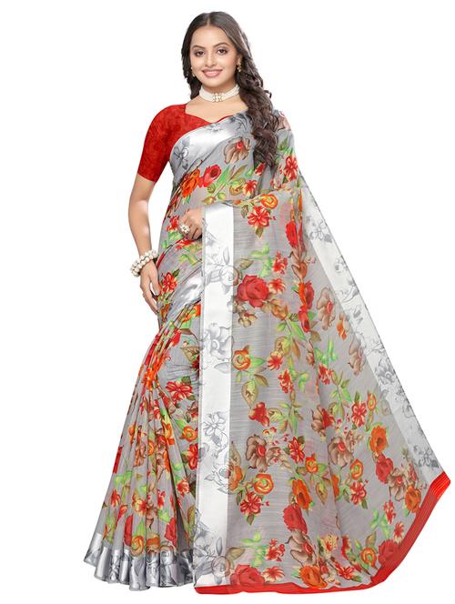 floral bordered saree with blouse - 17299200 - Very Small Image - 1