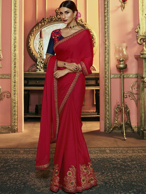 solid embroidered saree with blouse - 17299609 - Very Small Image - 1