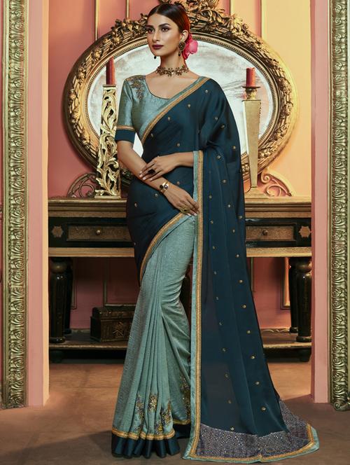 navy art silk half and half saree with blouse - 17299617 - Very Small Image - 1