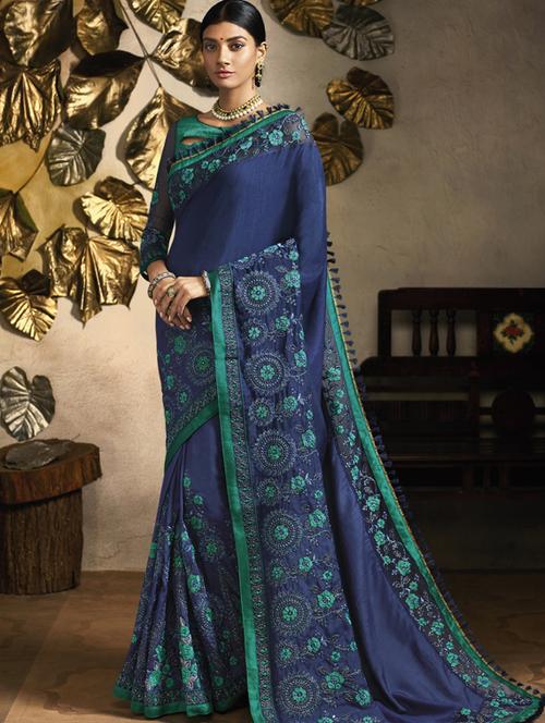 embroidered bordered saree with blouse - 17299620 - Very Small Image - 1