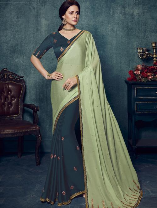 half & half embroidered saree with blouse - 17299634 - Very Small Image - 1