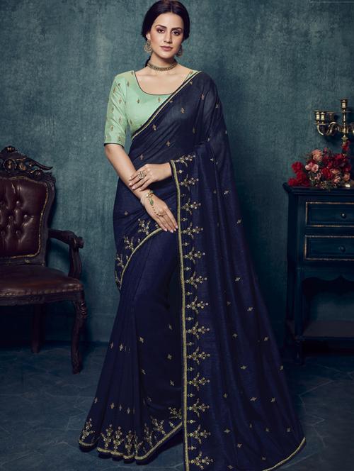 navy blue embroidered saree with blouse - 17299636 - Very Small Image - 1
