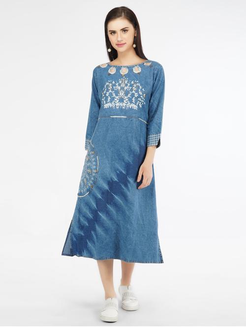 floral print denim a-line ethnic dress - 17324830 - Very Small Image - 1