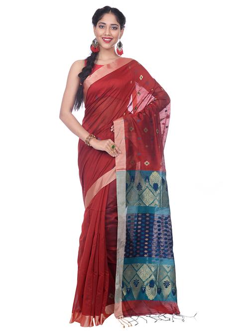 maroon cotton blend handloom saree with blouse - 17326667 - Very Small Image - 1