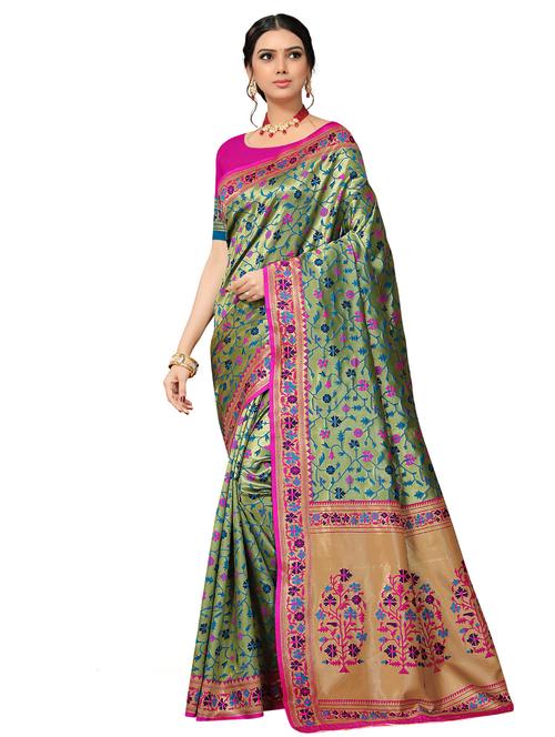 floral jacquard work woven saree with blouse - 17326742 - Very Small Image - 1
