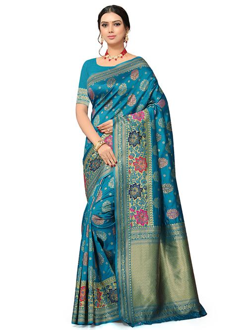 turquoise art silk banarasi saree with blouse - 17326755 - Very Small Image - 1
