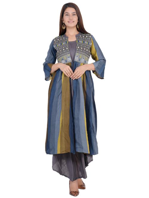 yoke embroidered stripe print kurta with jacket kurta - 17332828 - Very Small Image - 1