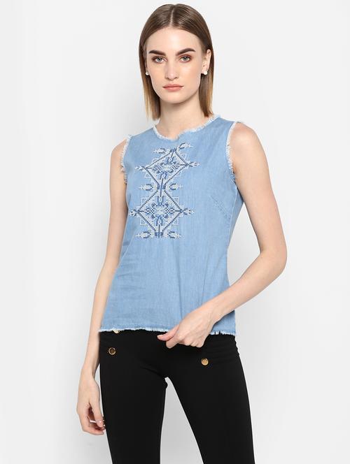 embroidered detail denim top - 17333038 - Very Small Image - 1