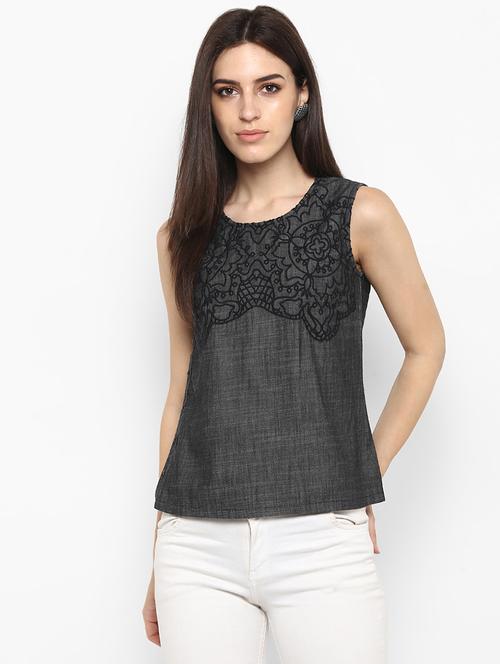 embroidered detail denim top - 17338477 - Very Small Image - 1