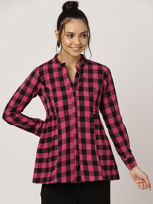 mandarin neck checkered top - 17338634 - Very Small Image - 1