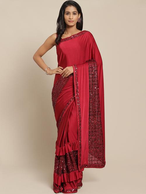 solid ruffled sequined saree with blouse - 17338877 - Very Small Image - 1