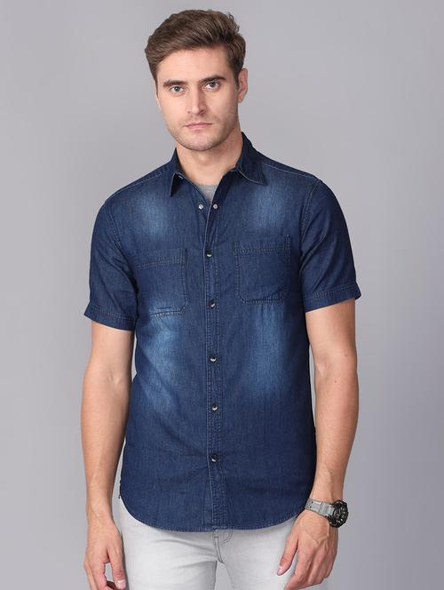 navy blue faded denim casual shirt - 17339900 - Very Small Image - 1
