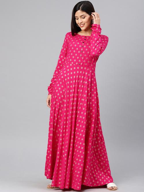 gold print flared ethnic dress - 17341244 - Very Small Image - 1