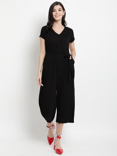 tie front solid full leg jumpsuit - 17342892 - Very Small Image - 1