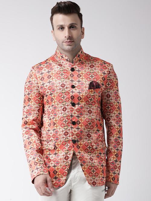 orange printed bandhgala casual blazer - 17343733 - Very Small Image - 1