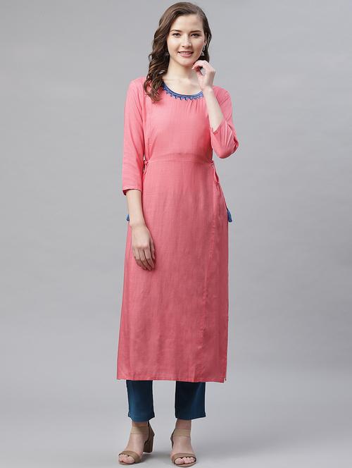 embroidered neck solid kurta pant set - 17346310 - Very Small Image - 1