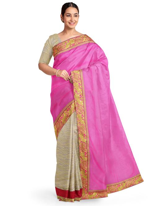 women pink & beige solid bordered saree - 17347782 - Very Small Image - 1