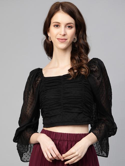 dobby puff sleeved crop top - 17349783 - Very Small Image - 1