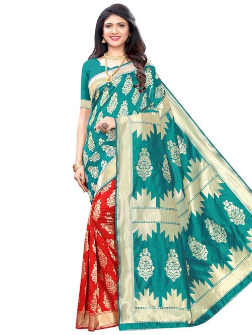 turquoise silk blend banarasi saree with blouse - 17349949 - Very Small Image - 1