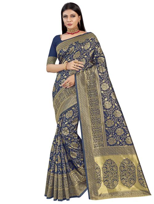 navy silk blend printed saree with blouse - 17350047 - Very Small Image - 1