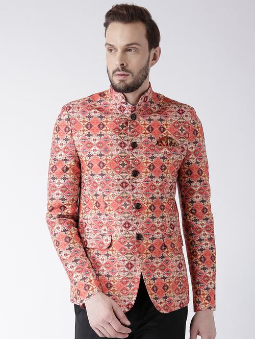 orange printed bandhgala casual blazer - 17351444 - Very Small Image - 1