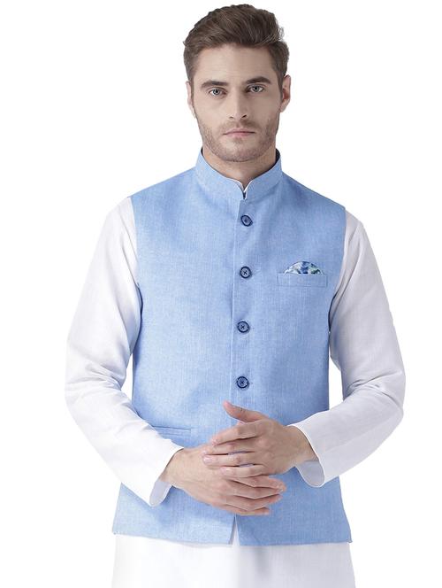 light blue solid linen nehru jacket - 17351772 - Very Small Image - 1