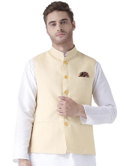 yellow solid linen nehru jacket - 17351793 - Very Small Image - 1